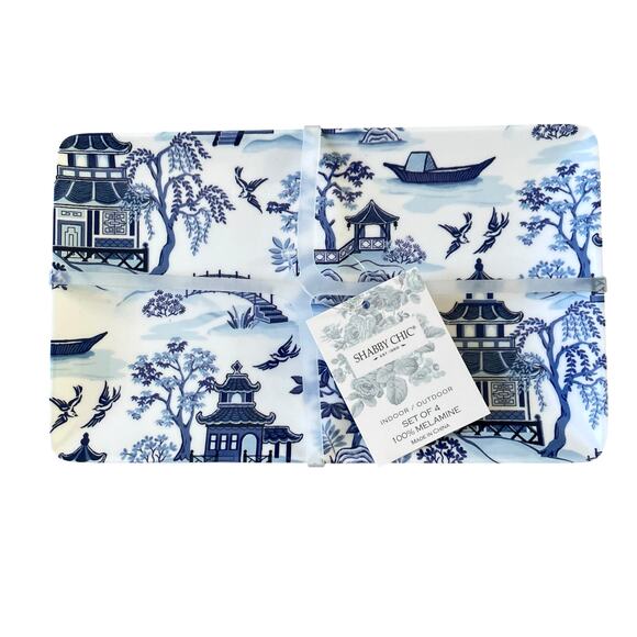 Shabby Chic Melamine Chinoiserie Appetizer Plates White & Blue Willow Set 4 New - Picture 1 of 12